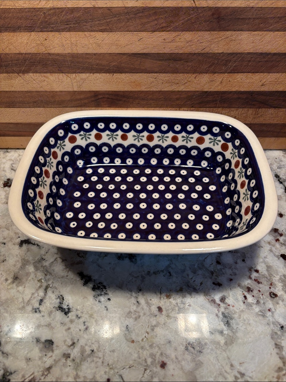 Ceramic Rectangular Baking Dish in Navy Blue Polka Dot